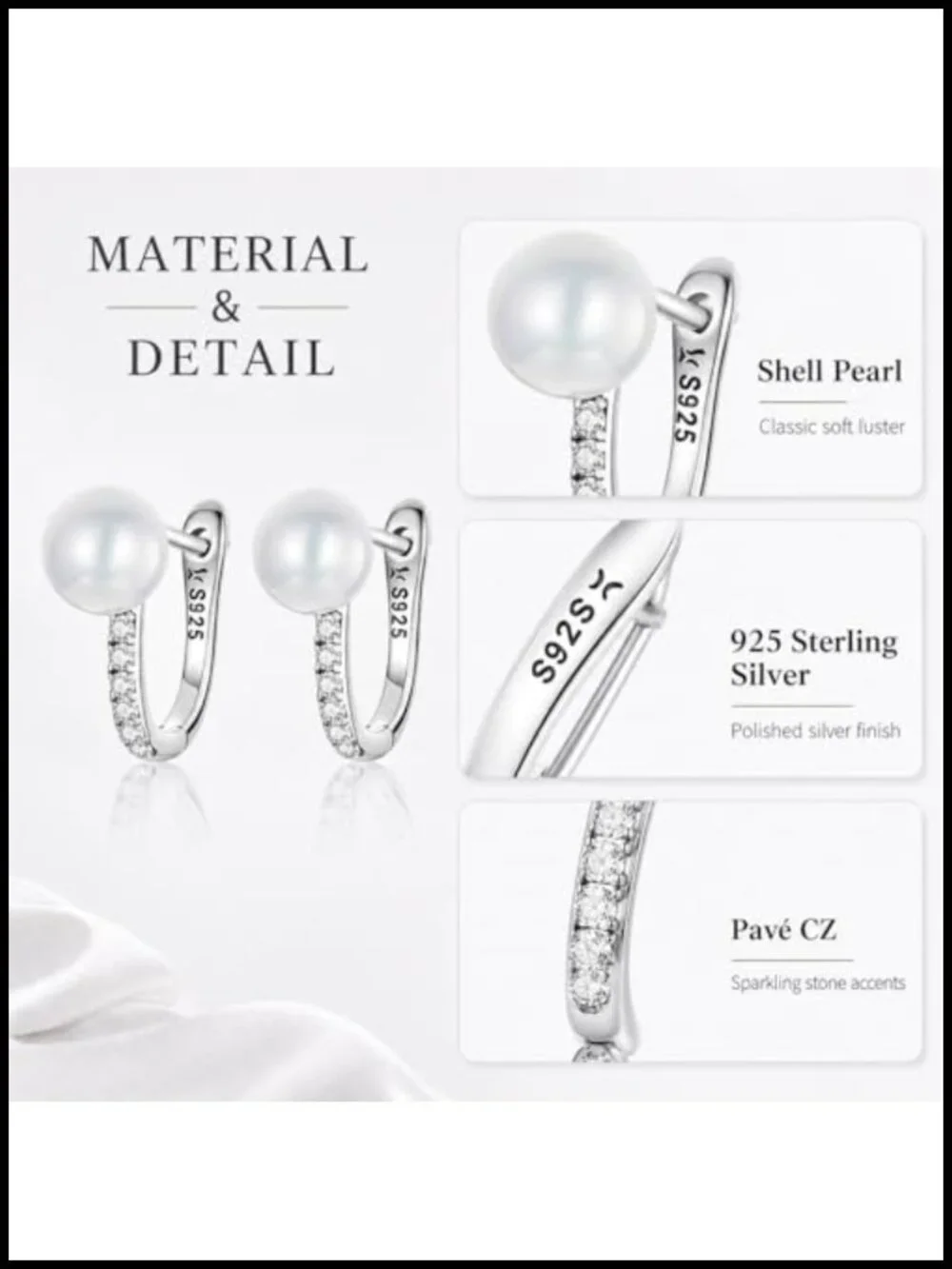 S925 Sterling Silver Hypoallergenic Huggie Hoop Earrings for Women with Shell